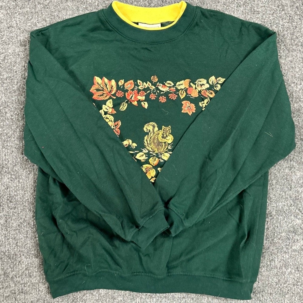 Basic Editions Sweatshirt Womens Size M Green Collar Fall Squirrel Graphic